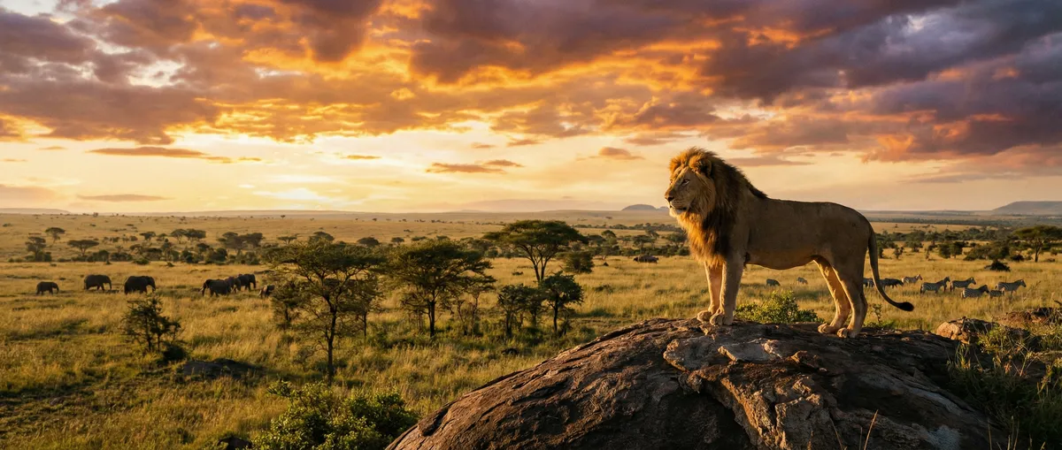 动物频道 - 非洲草原日落全景，雄狮俯瞰广袤大地